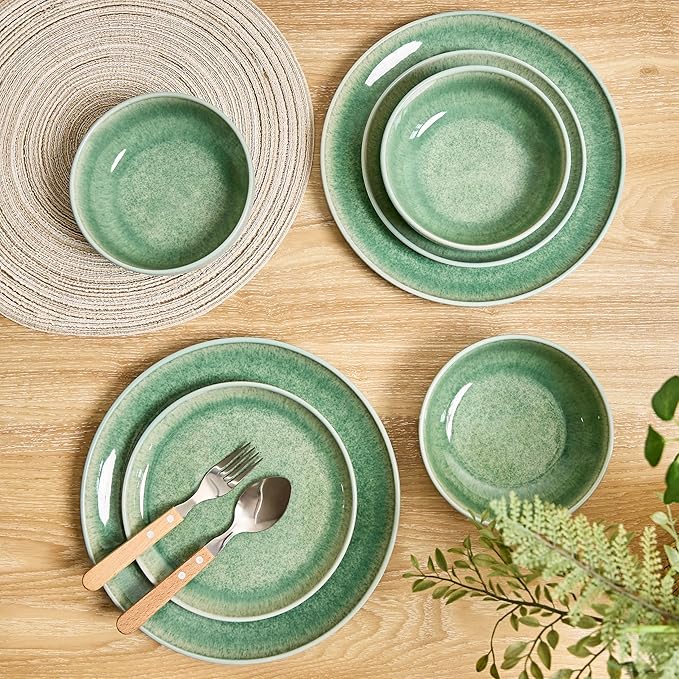 Sango Asher 12-Piece Stoneware Dinnerware Set for 4, Green Ceramic Plates and Bowls Sets, Modern Dish Set with Reactive Glaze, Durable Kitchen Dishes for Casual Dining, Microwave & Dishwasher Safe