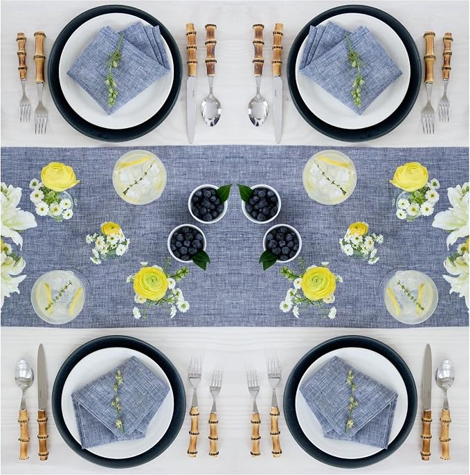 Solino Home Linen Chambray Indigo Table Runner 90 Inches Long - Athena, 100% Pure Linen Dining Table Runner 14 x 90 Inch for Summer