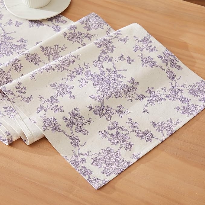 100% Cotton French Pastoral Table Runners, 13x108 Inch Purple Farmhouse Table Runners 108 Inches Long, Vintage Flowers Print Home Decors