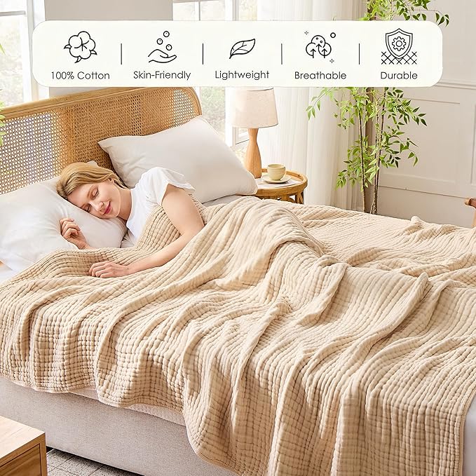 VANJOROY 9-Layer Muslin Throw Blanket Queen 90" x 108" Beige, 100% Cotton Organic Breathable Lightweight Large Throw for Couch Bed Quilt and Bedspread - All Season Muslin Soft Gauze Blanket