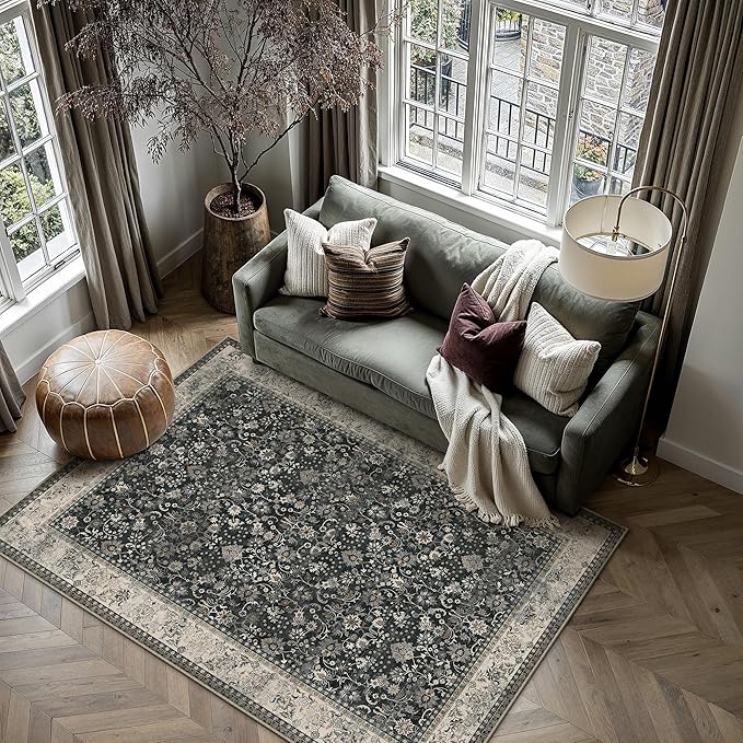 HUGEAR 3x5 Machine Washable Rugs Black Beige Hallway Area Rug Indoor Accent Rug Floral Low Pile Carpet Soft Throw Rug Bedroom Living Room Office Dining Room Kitchen Laundry Room Non Slip
