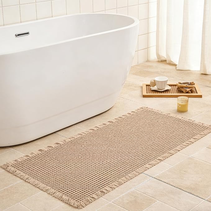 Waffle Bath Mat Non Slip, Boho Bathroom Rug, Super Absorbent Quick Dry Bathroom Mat, Soft Farmhouse Bath Rug with Tassels, Small Washable Shower Mats for Floor 24"x36", Brown
