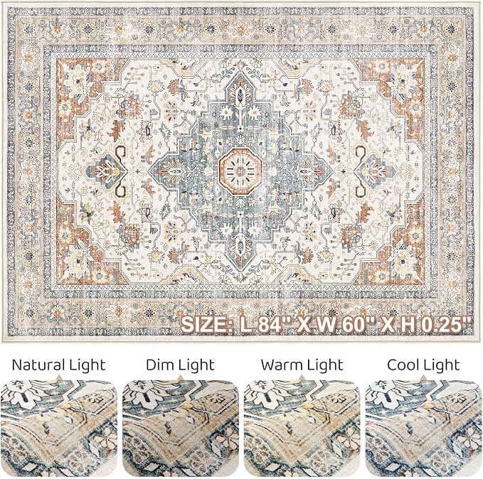 5x7 Area Rugs Living Room: Washable Boho Large Neutral Vintage Soft Rug Stain Resistant Distressed Farmhouse Non-Slip Indoor Floor Carpet for Bedroom Nursery Kids Office Dining Room- Beige Blue