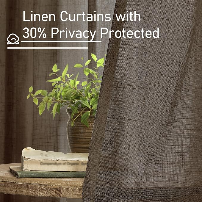 LAMIT 40 Inch Linen Curtains for Kitchen Windows, Semi Sheer Light Filtering Panels Bronze Grommet Neutral Drapes for Bathroom/Cafe, 2 Panels Set, Dark Brown, 34 x 40 Inch