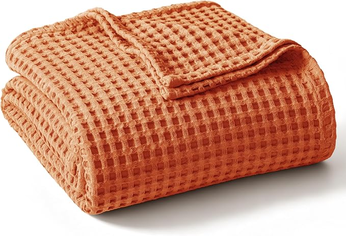 Exclusivo Mezcla Pre-Washed 100% Cotton Waffle Throw Blanket for Couch, 330GSM Lightweight Breathable Summer Blankets, Soft and Cozy, Room Decor, Burnt Orange, 50x60 Inches