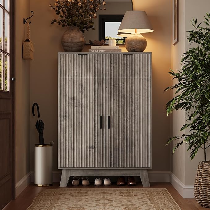 Fluted Shoe Cabinet, 4-Tier Mid Century Modern Narrow Shoe Storage Cabinet with Doors & 2 Drawers, Adjustable Shelves, Freestanding Hidden Shoe Rack Organizer & Wooden Legs for Entryway