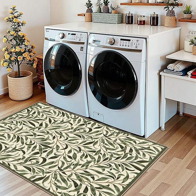 3x5 Boho Entry Rug - Small Washable Indoor Outdoor Mats for Front Door Non-Slip Porch Rug Sage Green Botaniacal Leaf Throw Rugs for Living Room Bedroom Entryway Kitchen Office Porch Decor