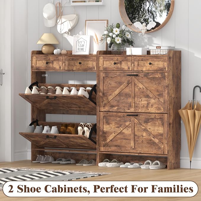 Thacuok Shoe Cabinet with 2 Flip Drawers & 2 Storage Drawers, Rustic Farmhouse Narrow Shoe Organizer Cabinet, Slim Shoe Rack Cabinet, Shoe Storage Cabinet for Entryway, Hallway