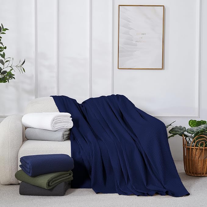100% Egyptian Cotton Waffle Weave Blanket Queen Size for Bed, 320 GSM - Breathable and Soft for Spring Summer, Lightweight All Season Bed Blanket for Couch, Sofa (90x90 Inches, Navy)