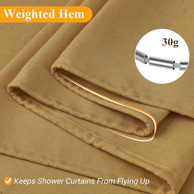Naturoom 60 Inch Gold Linen Shower Curtain, Narrow Country Boho Farmhouse Shower Curtains for Bathroom Natural Cloth Weighted Fabric Bath Curtains Liner with Hooks, 60x72