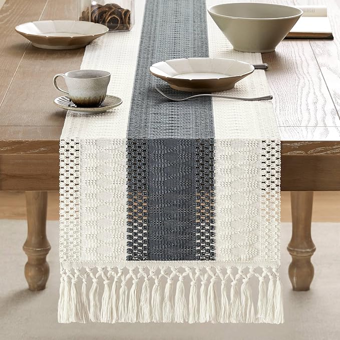 ZeeMart Macrame Style Bicolor Stitching Table Runner, 14 x 60 Inch Charcoal/Ivory, Boho Dark Grey Table Runners 60 Inches Long, Farmhouse Woven Home Decor