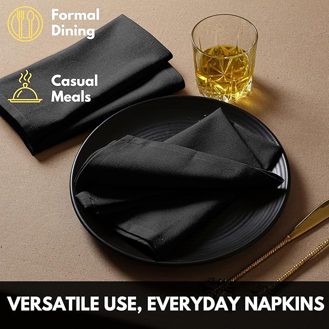Cloth Napkin 100% Cotton Set of 4 Decorative Washable Table Napkins for Dining, Home, Wedding, Banquet - Black (17"x17")