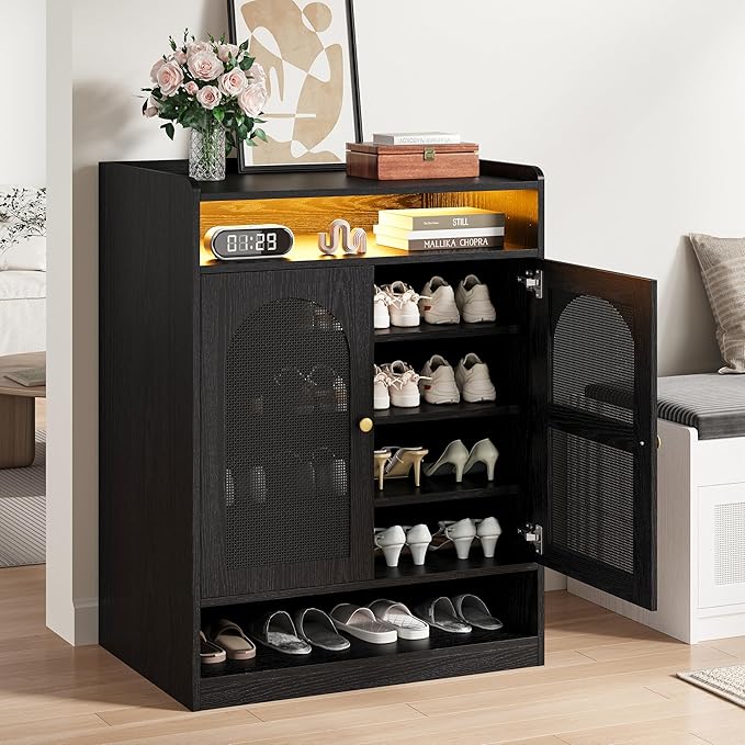 LIKIMIO Rattan Shoe Storage Cabinet with LED Light, 24 Pairs 6-Tier Shoe Cabinet Storage for Entryway with Adjustable Shelves, Farmhouse Shoe Rack Organizer for Hallway, Living Room, Black