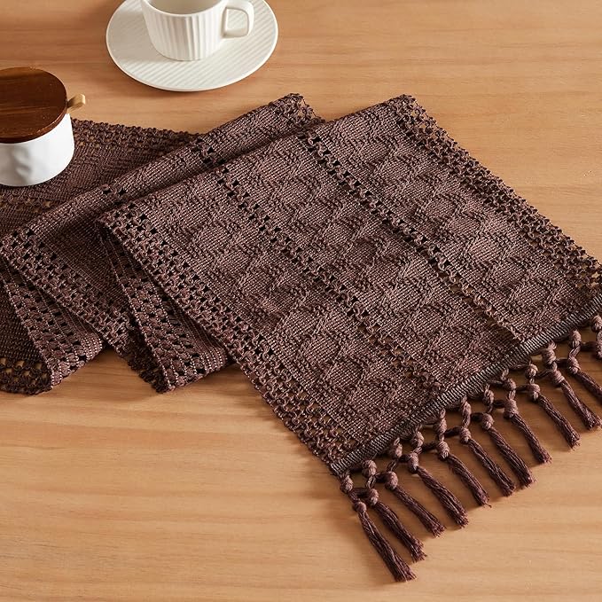 ZeeMart Macrame Style Boho Table Runner, Dark Brown Table Runners 72 Inches Long, Farmhouse Woven Home Decor, 12x72 Inch, Chocolate