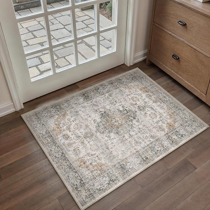 HUGEAR 2x3 Entryway Area Rug Retro Taupe Green Small Rug Machine Washable Door Mat Vintage Floral Low Pile Carpet Distressed Throw Rug Entrance Kitchen Bathroom Office Non Slip Soft Lightweight