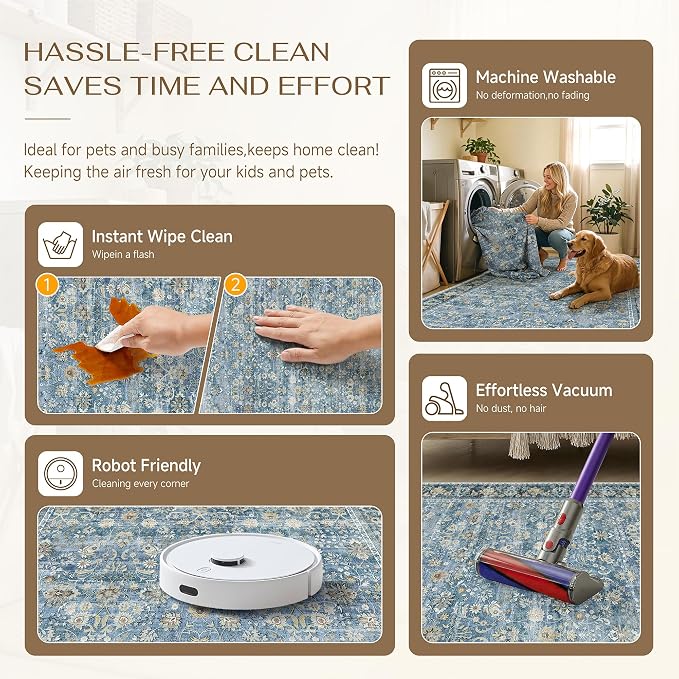 HUGEAR 5x7 Machine Washable Rugs Light Blue Hallway Area Rug Indoor Accent Rug Floral Low Pile Carpet Soft Throw Aesthetic Rug Bedroom Living Room Office Dining Room Kitchen Laundry Room Non Slip