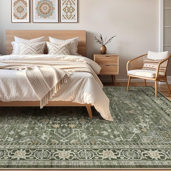 10x14 Area Rugs Living Room: Washable Boho Large Neutral Vintage Soft Rug Stain Resistant Farmhouse Non Slip Indoor Floor Carpet for Bedroom Nursery Kids Playroom Office Dining Room- Dark Green