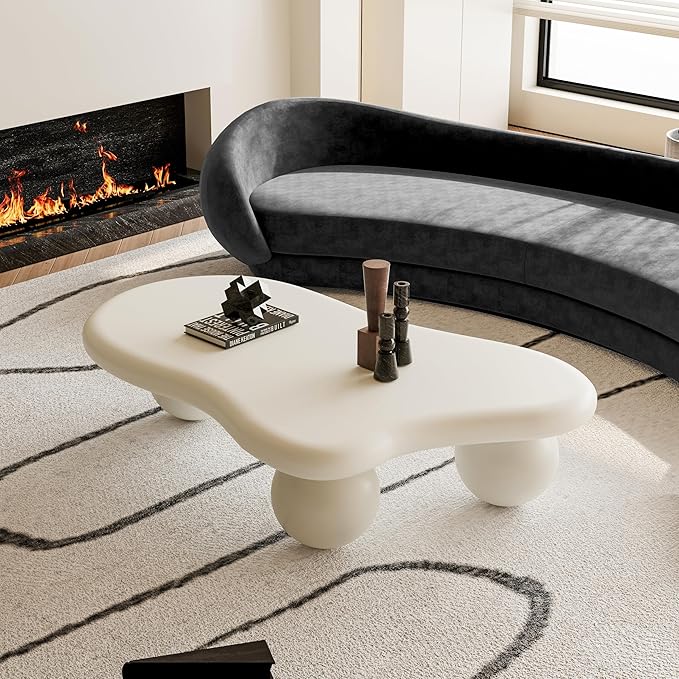 40" Modern White Coffee Table Cloud Shape Low Center Table Cute Irregular Indoor Tea Table with 3 Ball Legs for Living Room Small Space