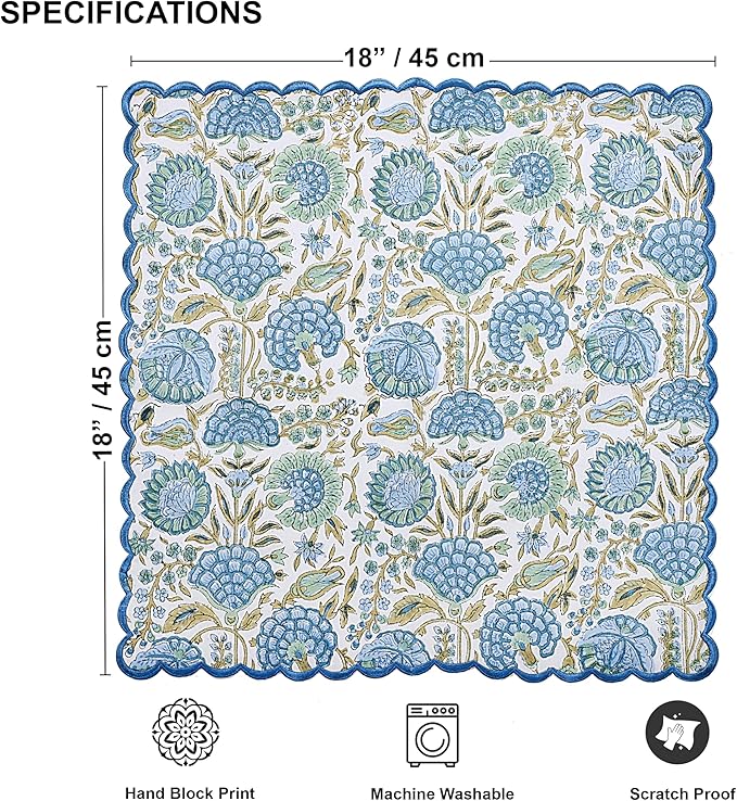 Ridhi Hand Block Print Asparagus Green 18" x 18" (Set of 4) Embroidery Table Napkins Reusable Cotton Dinner Napkins for Weddings, Parties, Everyday Dining Gift for Spring, Easter, Valentine
