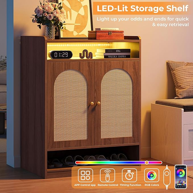 LIKIMIO Rattan Shoe Storage Cabinet with LED Light, 24 Pairs 6-Tier Shoe Cabinet Storage for Entryway with Adjustable Shelves, Farmhouse Shoe Rack Organizer for Hallway, Living Room, Walnut
