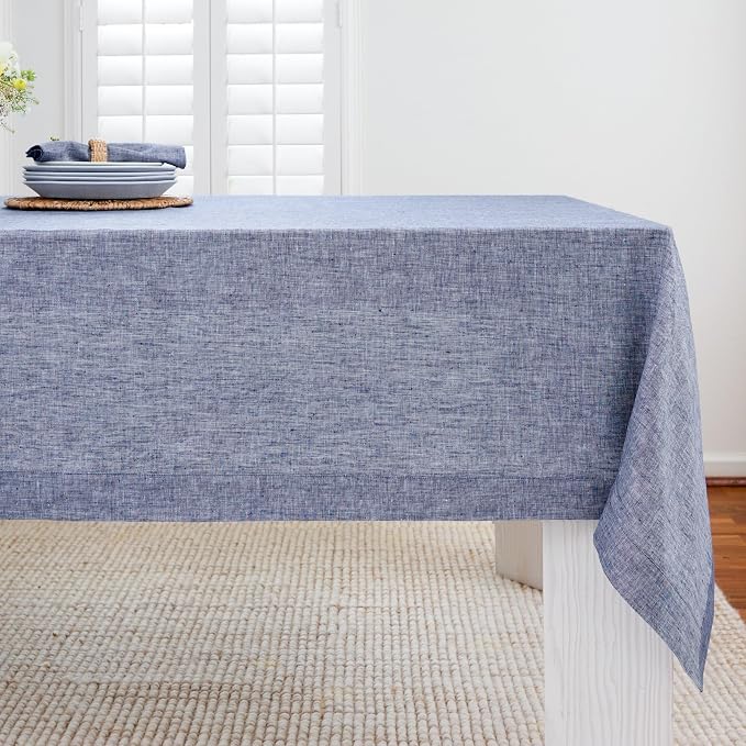 Solino Home Linen Tablecloth 60 x 144 Inch - 100% Pure Linen Chambray Indigo Table Cloth for Rectangle Tables - Athena, Machine Washable Tablecloth for Summer