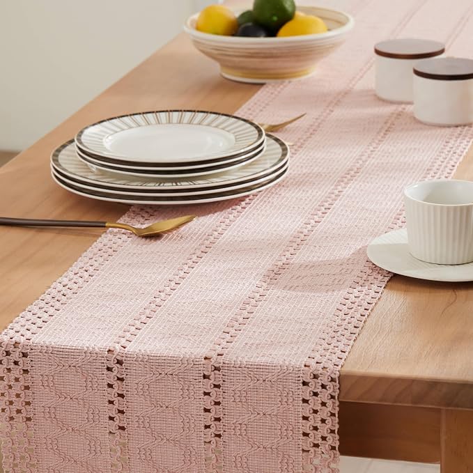 ZeeMart Macrame Style Boho Table Runner, Pink Table Runners 36 Inches Long, Farmhouse Woven Home Decor, 12x36 Inch, Light Pink