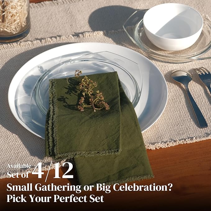 Palisa Premium Cotton Dinner Napkins Set of 12 | Olive Green Frayed Edge Rustic Farmhouse Table Linen | Soft Washable Long Lasting Durable Cloth Serviettes for Wedding Dining Decor 18x18 Inch