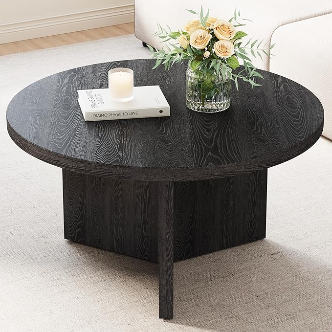 Luoxiao 31.5" Black Round Coffee Table Modern Circle Center Table for Living Room, Space-Saving Wood Accent Table for Apartments, Study, with Adjustable Feet Pads, Easy Assembly