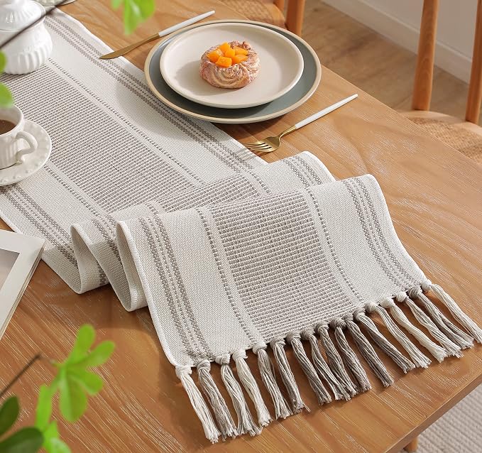 Caflife Boho Table Runner Natural Stripe for Modern Farmhouse Coffee Table Decor, Rustic Woven Runner with Handcrafted Tassels for Home Dining Table décor 13 x 72 Inch Long