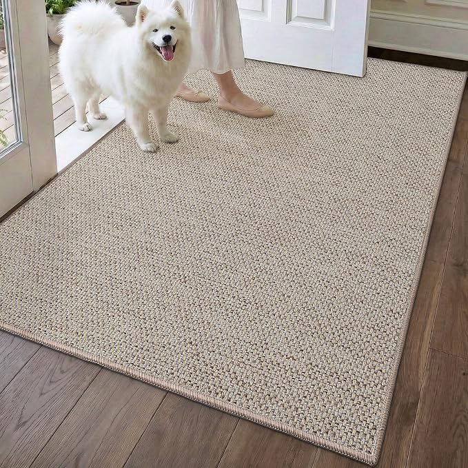 DEXI Ultra Thin Door Mat Indoor Entrance 35x56, Non Slip Rubber Backed Entryway Mats Dirt Trapper, Low Profile Front Doormat for Inside Entry, Patio, Porch, Beige