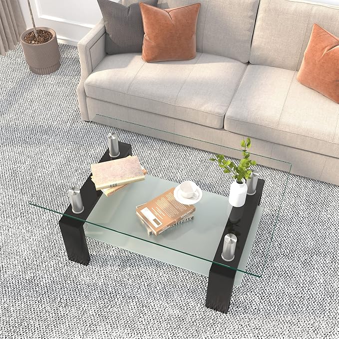 Meihua Rectangle Glass Coffee Table 2-Tier Tea Table Modern Side Coffee Table for Living Room Black