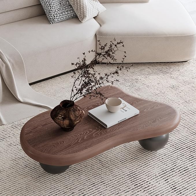 47" Cloud Coffee Table for Living Room Irregular Coffee Table Mid Century Modern Unique Coffee Tables Low Cute Small Center Table with 3 Ball Legs for Small Space Apartment Walnut & Black