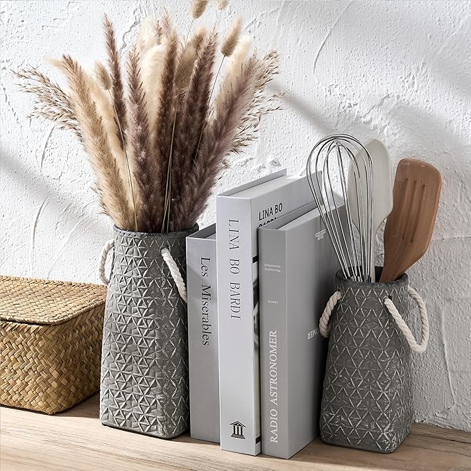 Vaseking Elegant Petite Vase, 8.66 inch Ceramic Modern Minimalism Geometric Texture Purse Vase with Hanging Rope, Creative Tote Bag Vases for Home Decor, Living Room, Wedding, Bookshelf Decor, Gray