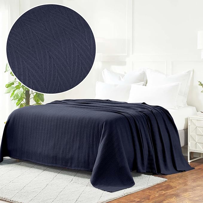 Superior Metro 100% Cotton Blanket, Perfect for Bedroom, Living Room, Couch, Picnics, Travel, Beach, or Camping, Comfy Blanket, Bedroom Decor, Essentials, Zig-Zag Cover for Bed, Twin, Navy Blue