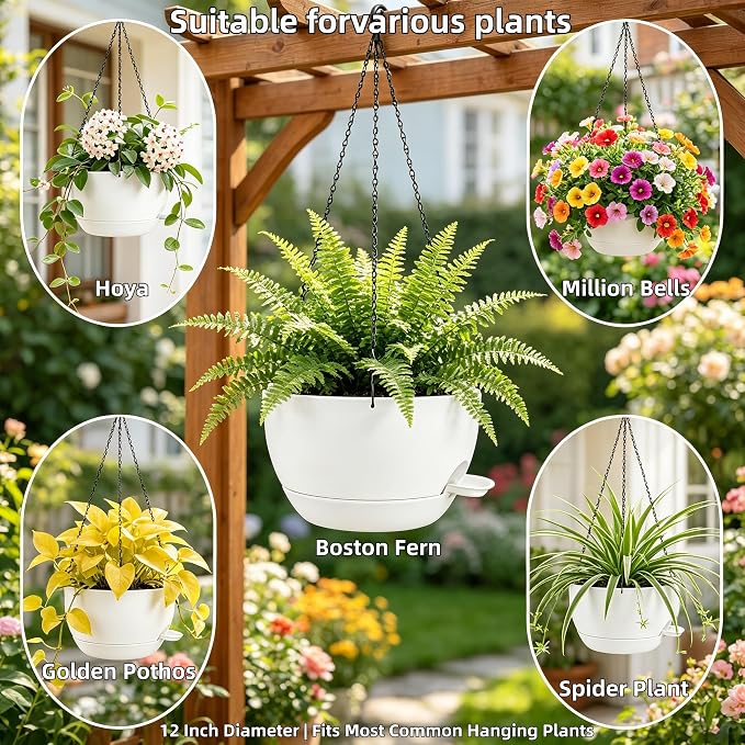 12" Self Watering Hanging Planters with Chains, White, 2 Pack | 43 Oz removable self-watering reservoir, for indoor/outdoor plants, patio & garden