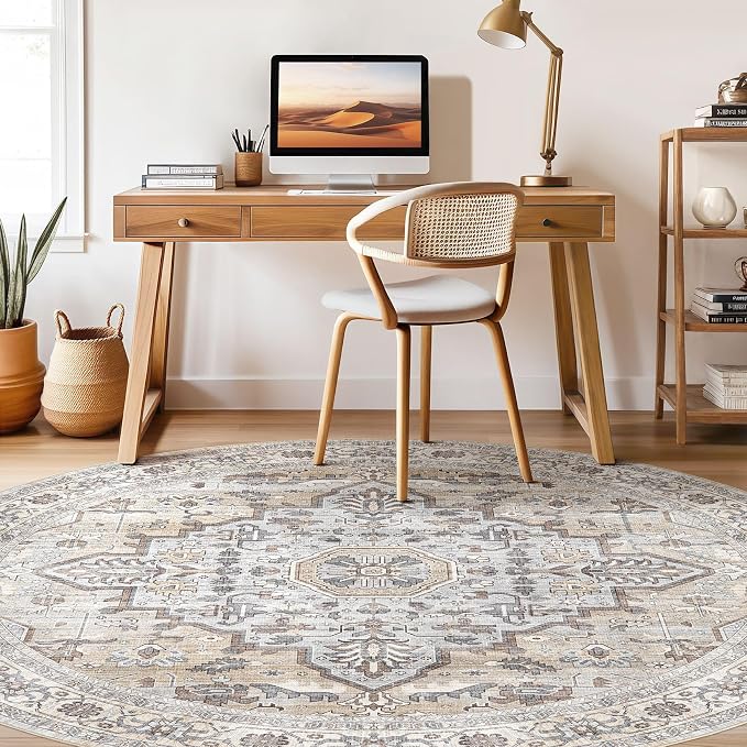Round Rug Living Room Rugs: 4x4 Washable Boho Neutral Small Circle Soft Indoor Distressed Stain Resistant Floor Farmhouse Carpet for Bedroom Nursery Kids Playroom Office Dining Room Dorm- Cream Gray