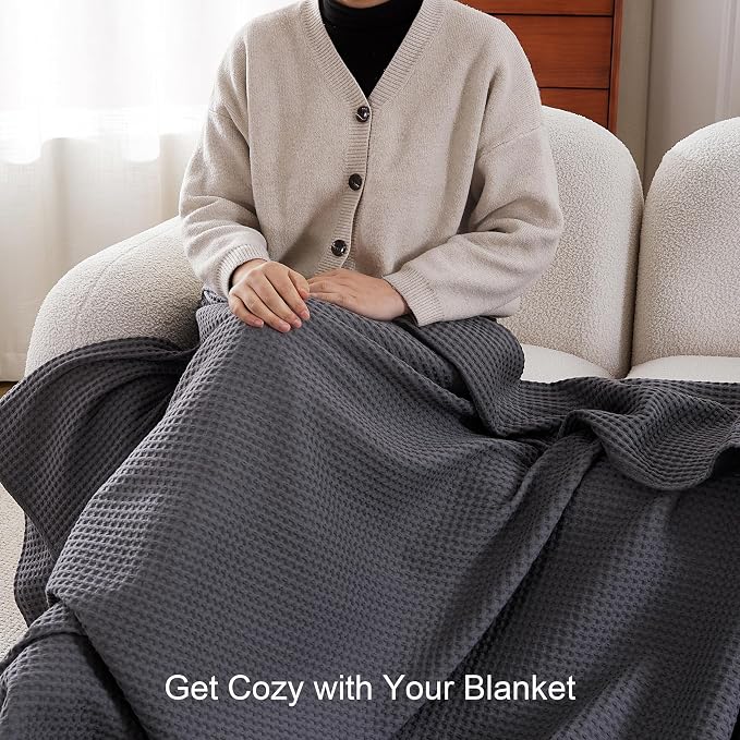 100% Egyptian Cotton Waffle Weave Blanket King Size for Bed, 320 GSM - Breathable and Soft for Spring Summer, Lightweight All Season Bed Blanket for Couch, Sofa (104x90 Inches, Dark Grey)