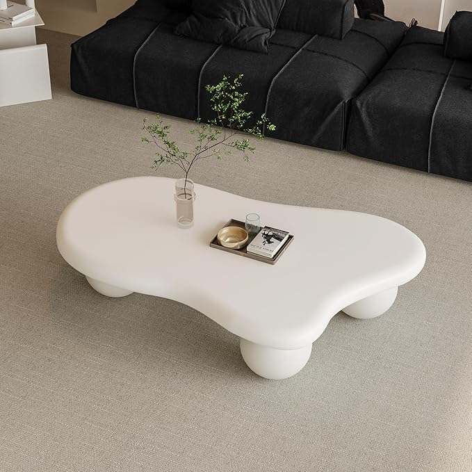 47" Cloud Coffee Table for Living Room Irregular Coffee Table Unique Modern Coffee Tables Low Cute Center Tables with 3 Ball Legs for Small Space Apartment Cream White