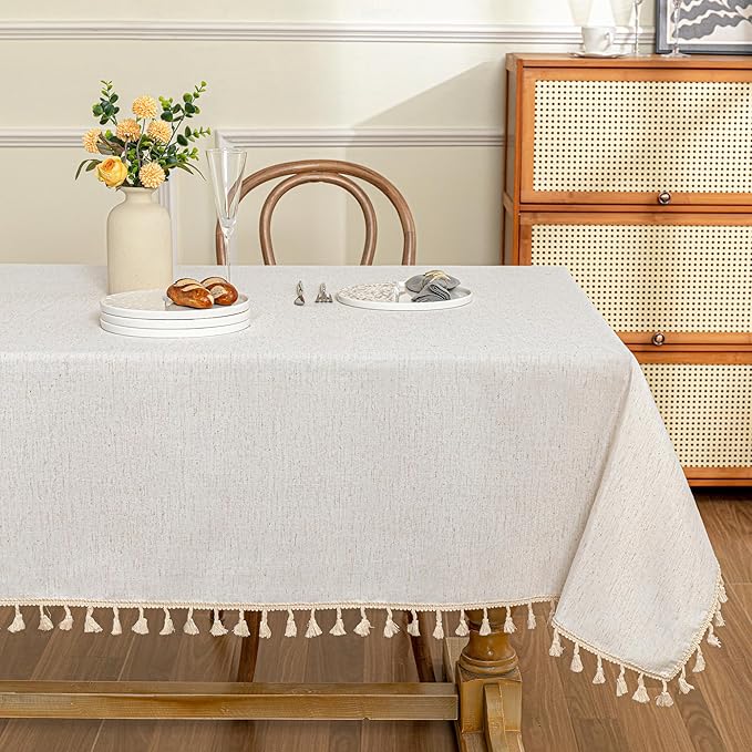 MYSKY HOME Table Cloth 60x120 in Rectangle Table, Heavy Duty Cotton Tassel Linen Look Waterproof Tablecloths Farmhouse Tablecloth Wrinkle Free Table Cover with Tassels for Kitchen Dining, Party