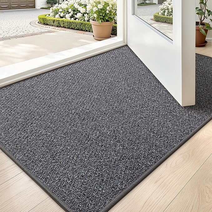 LUMI Ultra Thin Indoor Door Mat for Entrance 24"x36", Non Slip Entryway Mat, Low Profile Doormat, Unique Herringbone Design Carpet for Inside, Patio, Porch, Dark Gray