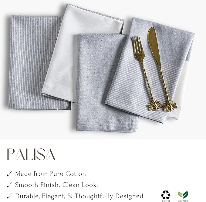 Palisa 100% Cotton Cloth Dinner Napkins [Pack of 4, Grey] Striped Pattern Reusable Table Linen Napkins for Home & Kitchen | Parties & Farmhouse Dining Décor 18x18 Inch