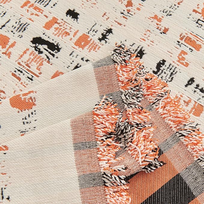 DREAMINGO Abstract Chenille Couch Cover Blanket Beige Orange Black Boho Sofa Cover, Washable Furniture Protector, Universal Slipcover for Couch, Geometric Brushstroke Jacquard, X-Large 71"x134"