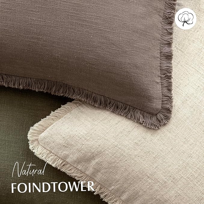 Foindtower Set of 2 Decorative Linen Fringe Lumbar Throw Pillow Covers Boho Farmhouse Cushion Cover with Tassels Accent Pillowcase for Couch Sofa Bed Living Room Home Decor,12×20 Inch,Light Coffee