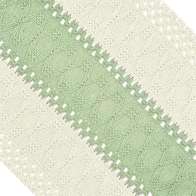 Boho Table Runner for Home Decor with Tassels 72 Inches Long , Farmhouse Rustic Green Table Runners for Bohemian Kitchen Dining Table(12x72in)
