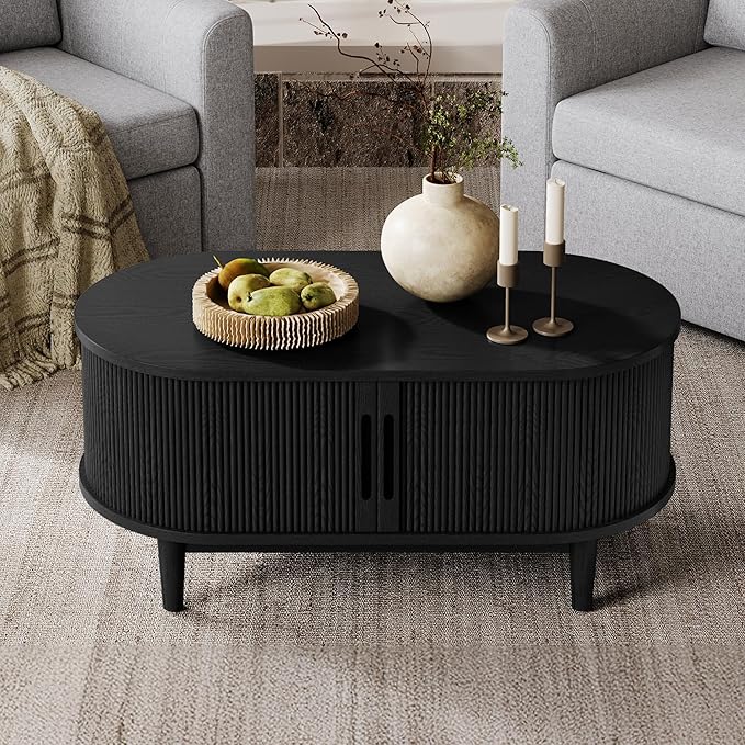 LINSY HOME Round Coffee Table, 31.5" Drum Coffee Table with Sliding Tambour Door, Fluted Accent Center Table with Storage, Mid Century Modern Coffee Table for Living Room (Oval Black)