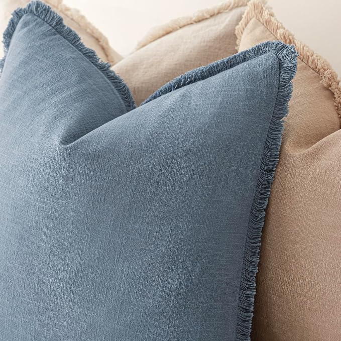Foindtower Set of 2 Decorative Linen Fringe Throw Pillow Covers Cozy Boho Farmhouse Cushion Cover with Tassels Soft Accent Pillowcase for Couch Sofa Bed Living Room Home Decor, 24×24 Inch, Misty Blue