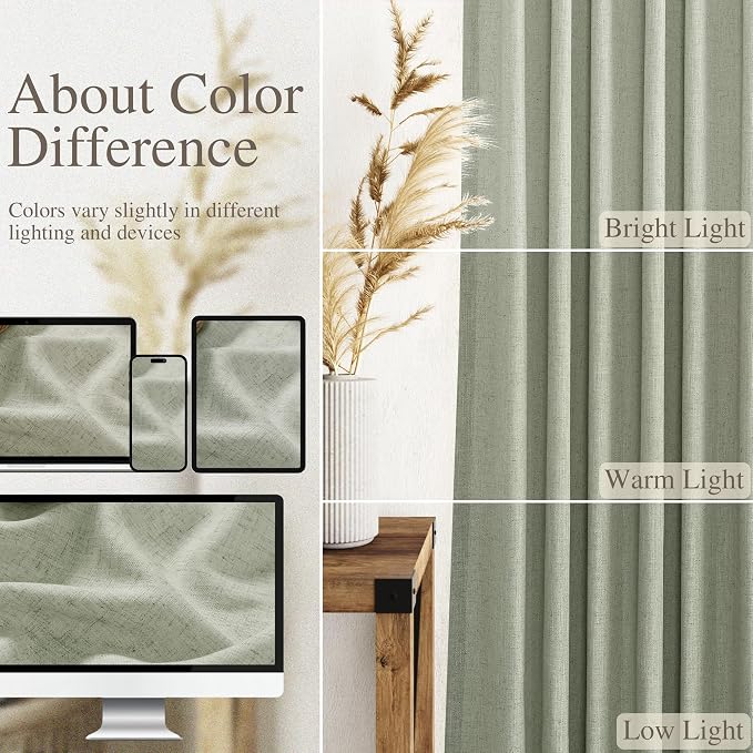Sage Green Curtains 100 inches Long 2 panels for Living Room Back Tab Rod Pocket Semi Sheer Linen Draperies Muted Neutral Sage Room Decor Earth Tone Pale Green Curtains 100 inch Length for Bedroom