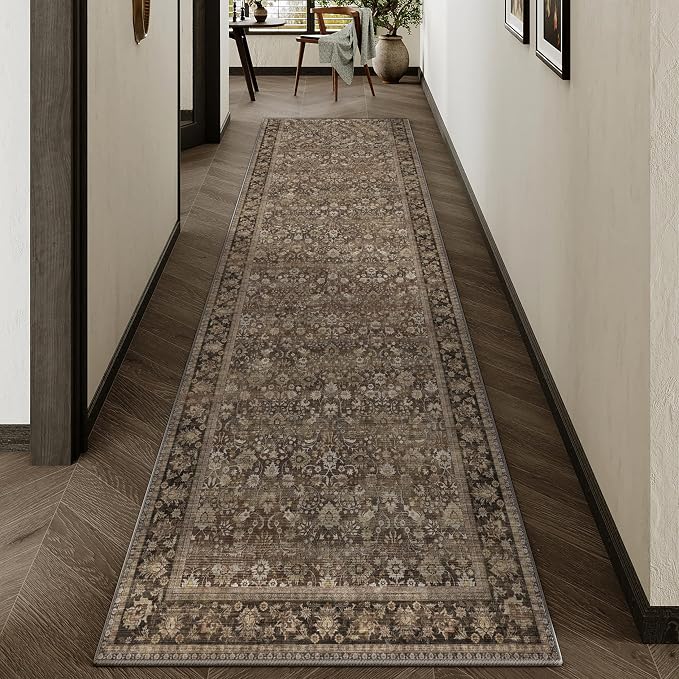 HUGEAR 2'6''x10 Runner Rug Machine Washable Brown Hallway Area Rug Indoor Accent Rug Floral Low Pile Carpet Soft Throw Rug Bedroom Living Room Office Dining Room Kitchen Laundry Room Non Slip