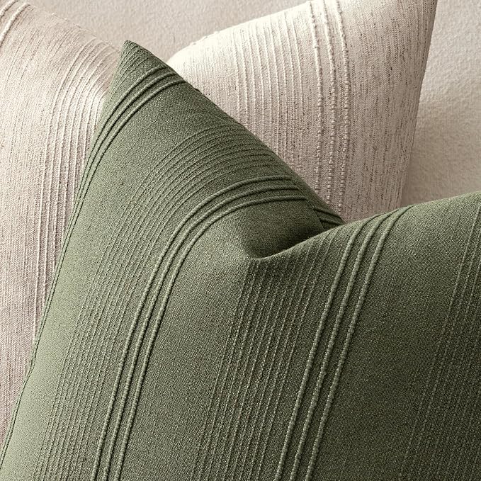 MIULEE Striped Euro Sham Pillow Covers 26x26 Decorative Textured Throw Pillow Covers Pack of 2 Linen Cushion Cases for Couch Bed Sofa Livingroom Farmhouse Home Decor, Olive Green