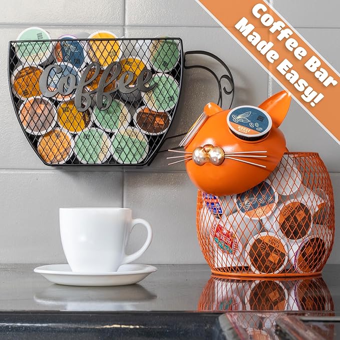 Made Easy Kit Coffee Pod Basket Organizer Practical Decoration - Compatible with Keurig K-Cup Pods & Capsules - Home Cafe Bar Decor Useful Kitchen Countertop Freestanding (Cat Orange)